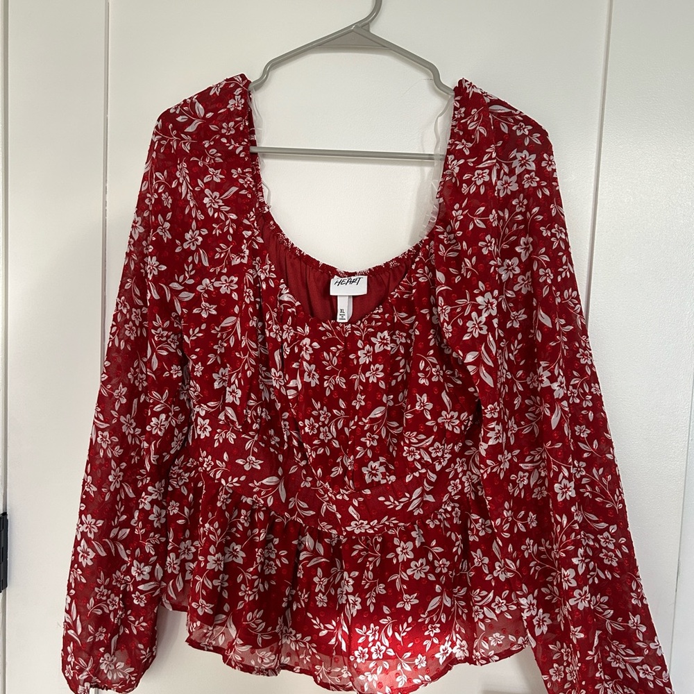 Red White Cherry Blossom Long Sleeve Blouse
